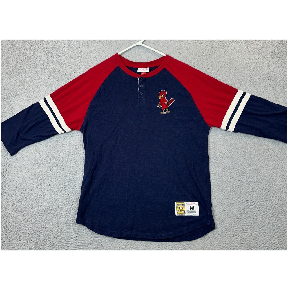 St. Louis Cardinals Mitchell Ness Shirt Mens Medium Navy Henley 3-Quarter Sleeve